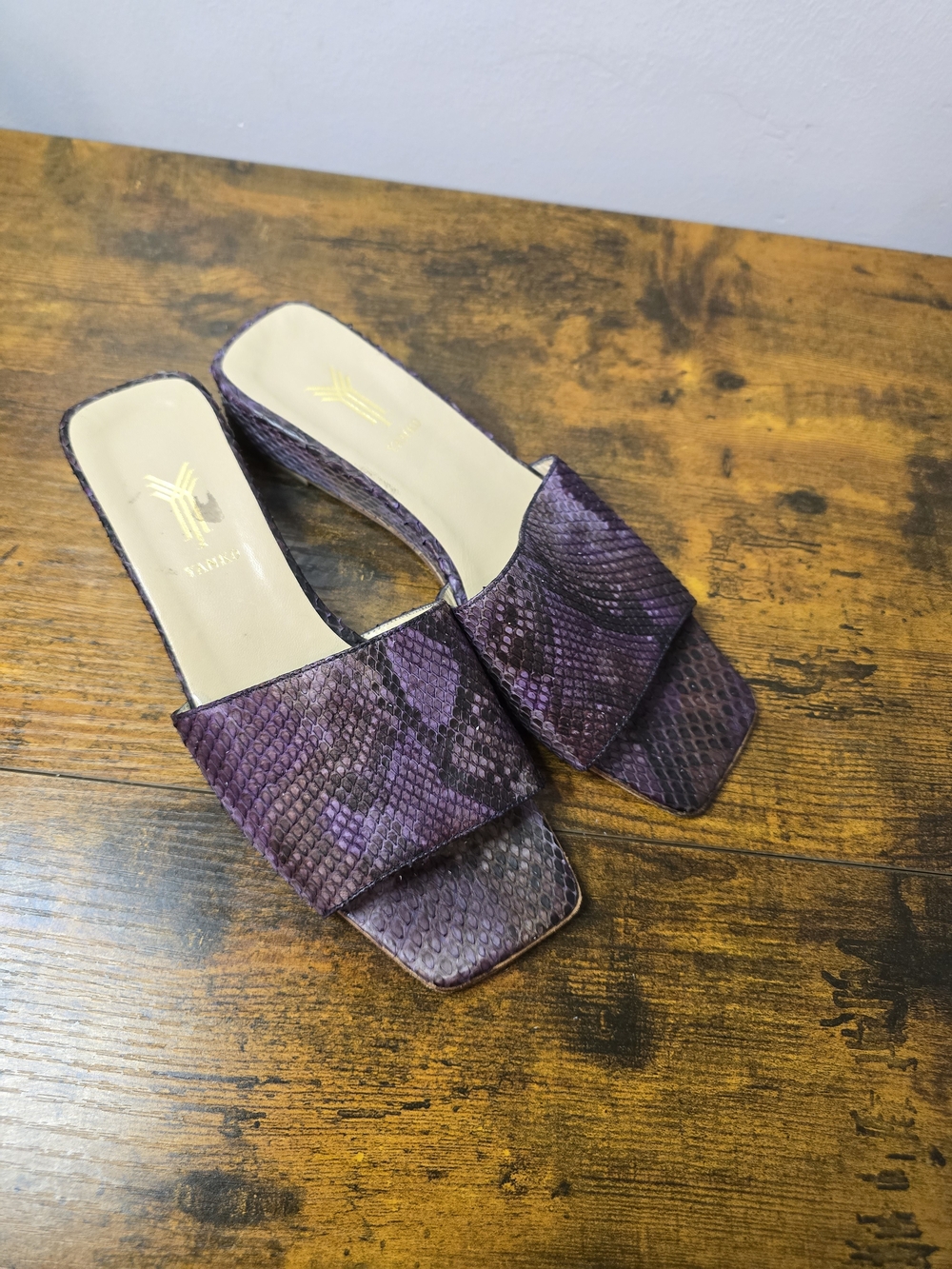 YANKO Spain Purple Snakeskin Python Leather Slide Mules / Low Block Heel - EU 36